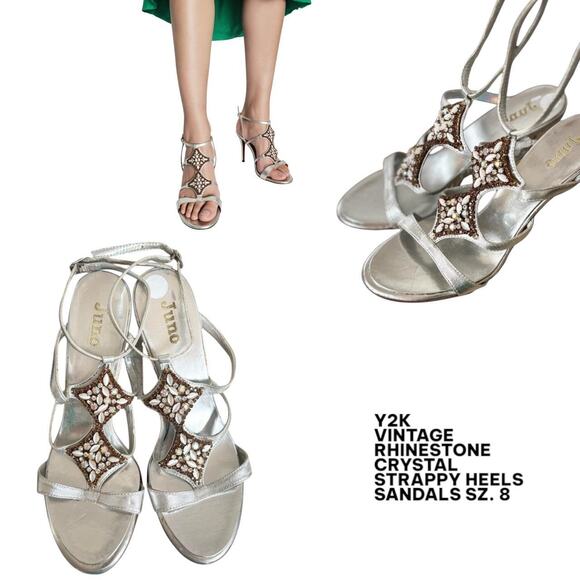 Y2K VTG. CRYSTAL‎ RHINESTONE STRAPPY HEELS SANDALS SIZE 8 - Picture 1 of 8